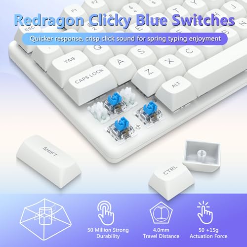 Image of Redragon Wireless Mechanical Gaming Keyboard, Clicky Blue Switch, White