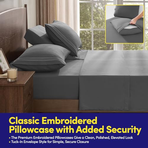 Image of Split Head King Sheets Set for Adjustable Beds 4 Piece Flex Top Bed Sheets - Deep Pocket Split Top Fitted Sheet with Built-in Corner Straps, Luxury Soft Cooling Bedding, Wrinkle Resistant, Gray