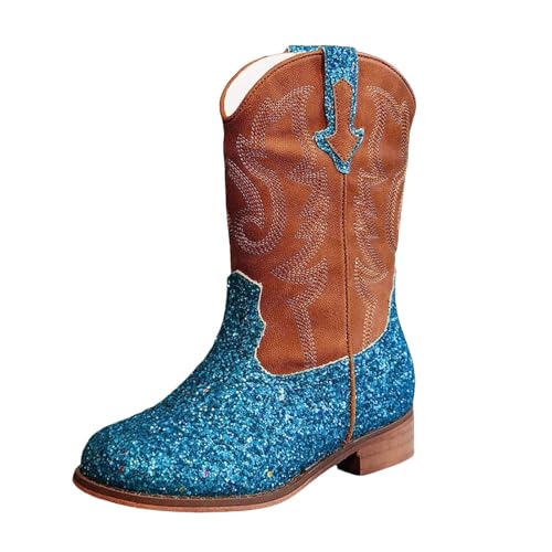 Girls Cowboy Boots Kids Toddler Glitter Western Cowgirl Boots Trendy Mid Calf Zipper Color Block Sparkly Riding Shoes