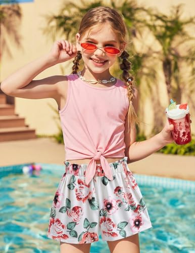 Image of Arshiner Girl's 2 Piece Outfits Tie Knot Tank Top and Paperbag Waist Pocketed Summer Short Sets