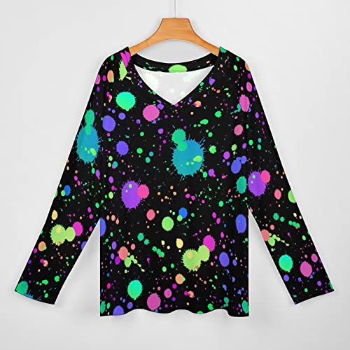 Glow in Dark Splatter Neon Long Sleeve Shirts for Women Fashion V Neck T-Shirt Women's Fall Tops3