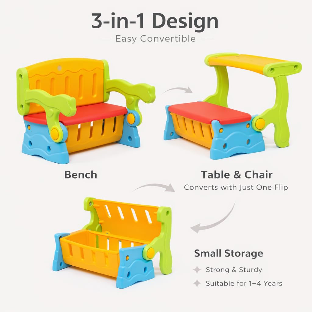 The Tickle Toe 3-in-1 Convertible Bench Table Chair with Storage | Multipurpose Kids Plastic Furniture – Multicolour (Modern, 64.5 x 49 x 50.5 cm) 1
