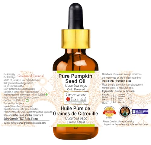 Image of Greenwood Essential Pure Pumpkin Seed Oil (Cucurbita pepo) with Glass Dropper | Cold Pressed | Natural | Undiluted | For Diluting Essential Oils | For Hair, Skin & Massage | Men & Women | 15ml