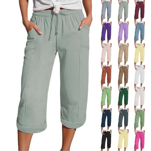 Musselin Hose 3/4 Leinenhose Sommer Kurze Hosen Sommerhose Leicht Caprihose Culotte Strandhose Schlupfhose Damenhose leicht Sommerhose aus Baumwolle Jogginghose mit Taschen (Mint Green, L)
