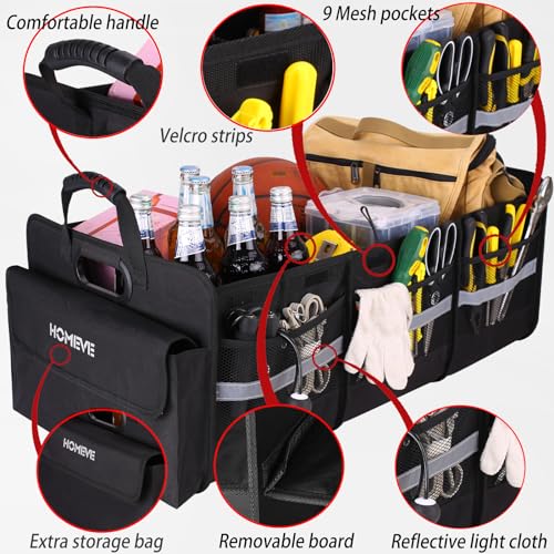 Image of Homeve Trunk Organizer, Car Storage, Reinforced Handles, Collapsible Multi-Compartment, Foldable, Waterproof, Sturdy, 600D Oxford Polyester For Car, SUV, Mini-Van, Black, 3 Compart