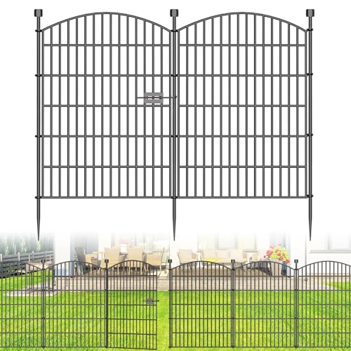 Image of 10 Panels No Dig Decorative Garden Fence with Gate - 40 in (H) x 23.6 ft (L), Dog Fence Outdoor for Yard, Rustproof Metal Animal Barrier Ground Stakes Fencing for Garden, Patio, Flower Bed