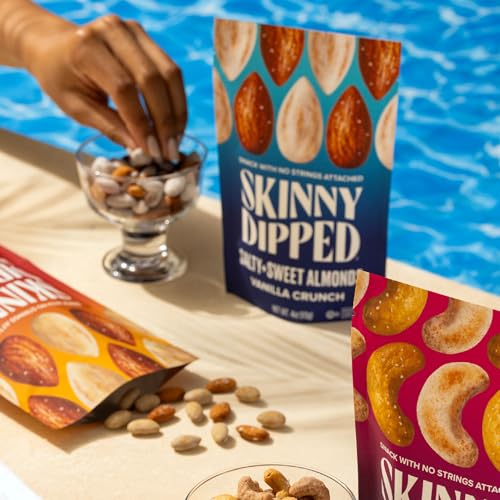 Image of SkinnyDipped Salty + Sweet Vanilla Almond Crunch, Healthy Snack, Plant Protein, Gluten Free, 4 oz Resealable Bags, Pack of 5