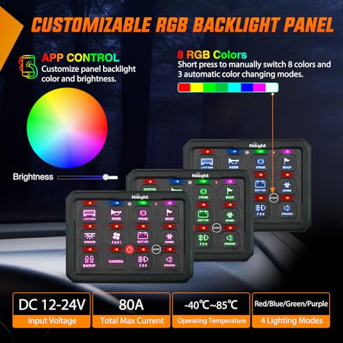 Image of Nilight 12 Gang Switch Panel APP RGB 12V 24V Circuit Control System 4-Mode | Fuse Wiring Harness APP Remote Control Automatic Dimmable Toggle /Momentary /Strobe /Flash for Car Pickup Truck Camper SUV