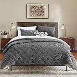 HORIMOTE HOME Velvet Quilt Set Queen Size, Grey Luxury Velvet Comforter Set 3 Pieces Soft Warm Beddi