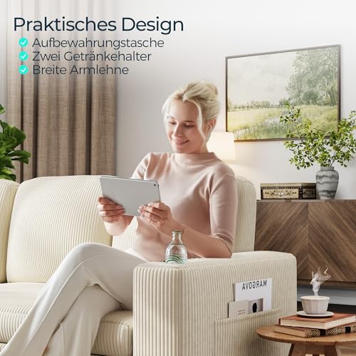 LINSY HOME Loveseat Sofa mit Stauraum – Bequemes Plüsch-Cord-2-Sitzer-Sofa mit Getränkehaltern, Sofa Klein für Kleine Räume, Wohnzimmer, Schlafzimmer, Wohnung
