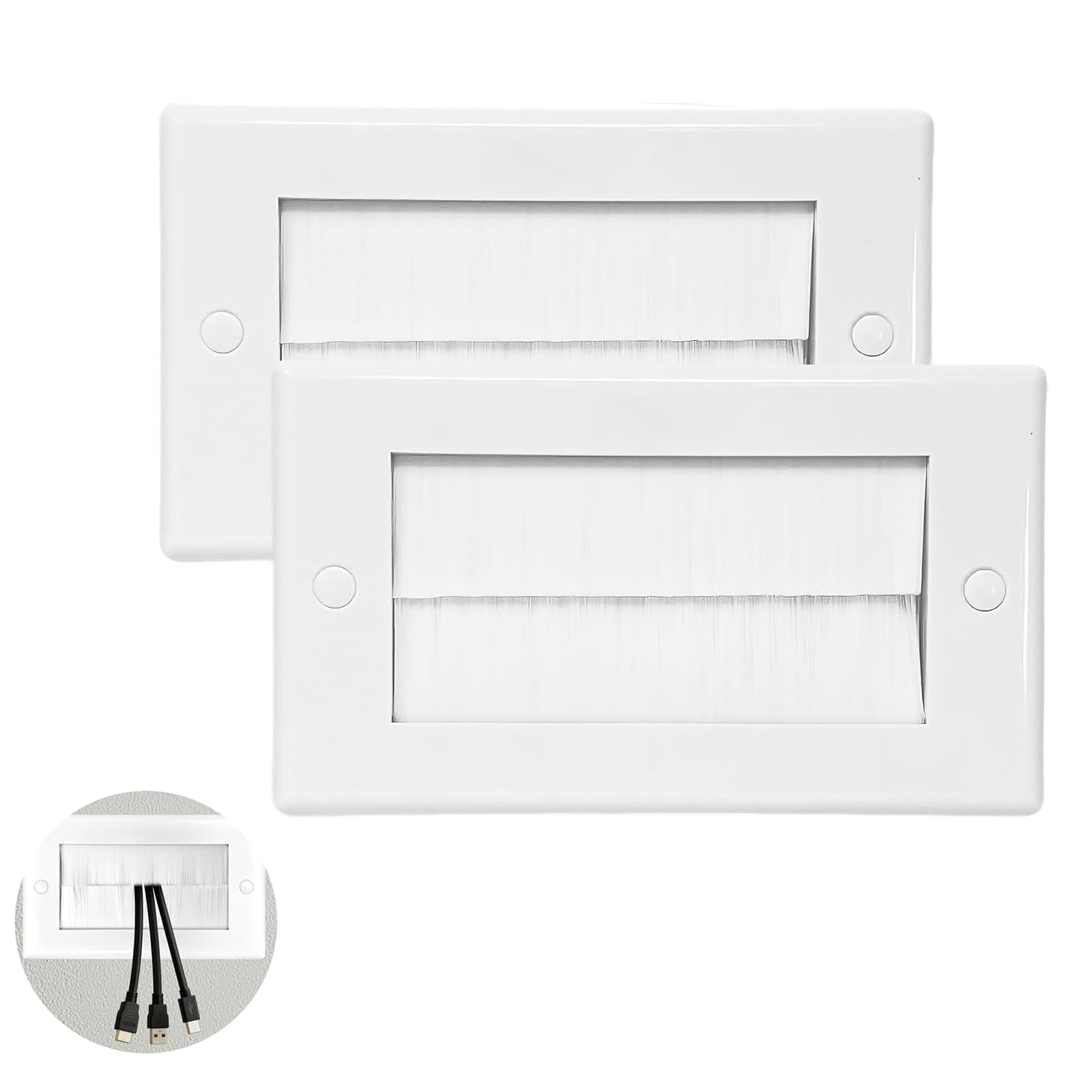 HARY 2 Pack Brush Plate Cable Management, White Plastic Wall Brush Faceplate, 2 Gang Double Brushplate Wall Plate for Home Office Hotel Clean Cable Pass Through