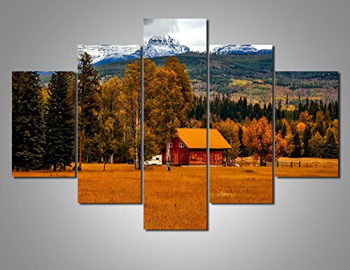 Rustic Wall Decor Log Cabin Extra Large Landscape Painting On Canvas Modern Artwork Nature Scene In Autumn Pictures Giclee Home Decor For Living Room Framed Gallery-Wrapped Ready To Hang(60''Wx40''H) #TOP2
