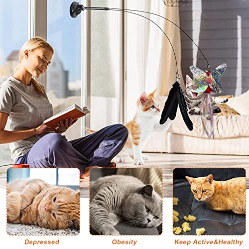 Cat Toys,Cat Feather Toys,Interactive Cat Toys With Super Suction Cup With Bells For Indoor With Bell Detachable 3 Pcs Feather Replacements1Butterfly Replacementfor Indoor Cats To Play Chase Exercise #TOP2