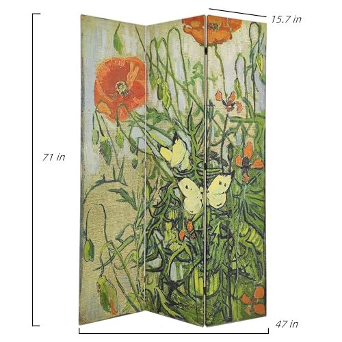HOZUSO Room Divider Wood Privacy Screens Van Gogh\'s Butterflies and Poppies Painting Canvas 3-Panel Foldable Portable Separating Divider Room Partitions Freestanding Home Decor 71\'\' High