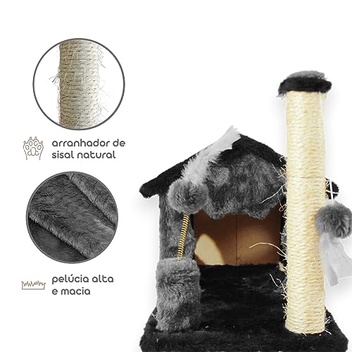 Casa Arranhador Playground Brinquedo Com Rede Poste Sisal Gato – Preto/Cinza