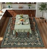 Dark Green Floral Living Room Rug 5x7 Washable Rugs Boho Vintage Oriental Large Foldable Faux Woo...