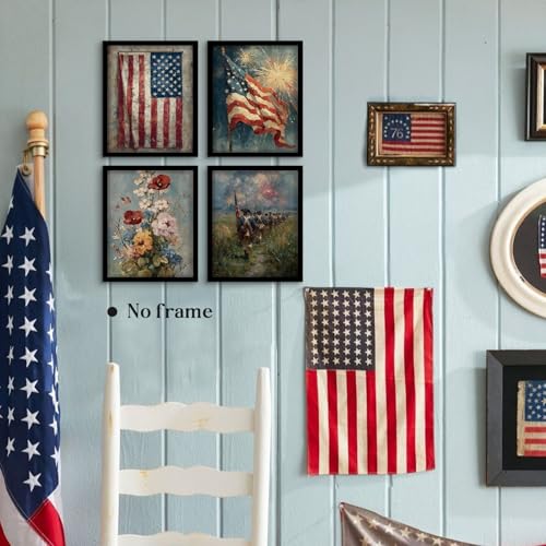 Image of WEFKODO Vintage America Flag Patriotic Decor Wall Art Prints 4Pcs, Vintage Floral 4th of July Decorations Wall Art, Patriotic Decorations for Home Bedroom Living Room Bathroom, 8x10 Inch Unframed