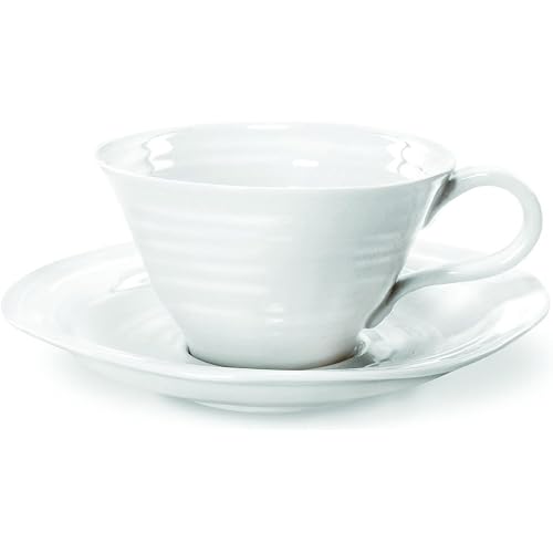 Portmeirion Sophie Conran 8oz Teacup & Saucer Set (Set of 4) - Durable Fine Porcelain Tea Set for Coffee, Tea, Hot Cocoa - Ideal for Everyday Use & Special Occasions, Dishwasher Safe (White)