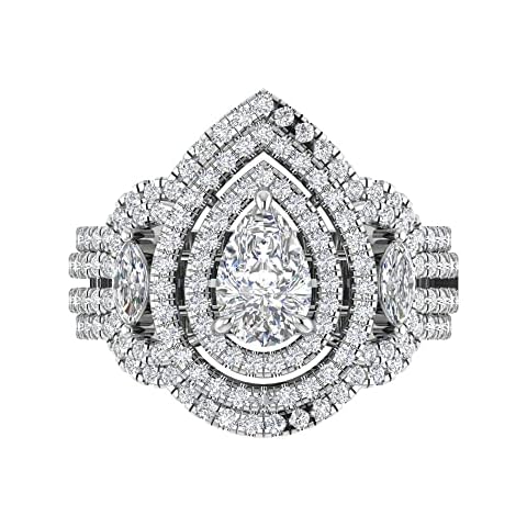 Sterling Silver Cubic Zirconia Dainty Two Piece Pear and Marquise Two Piece Pear Shaped Halo Engagement Ring CZ Trio Ring Stackable Bridal Set (5) Cover