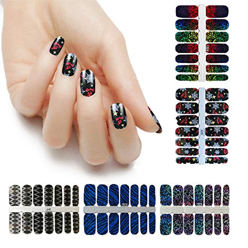LIULI Nail Stickers Glitter Holo Nail Polish Adhesive Wraps 5 Sheets 70 Tips Black Blue Nail Art Strips Cover The Full Nail Decorations
