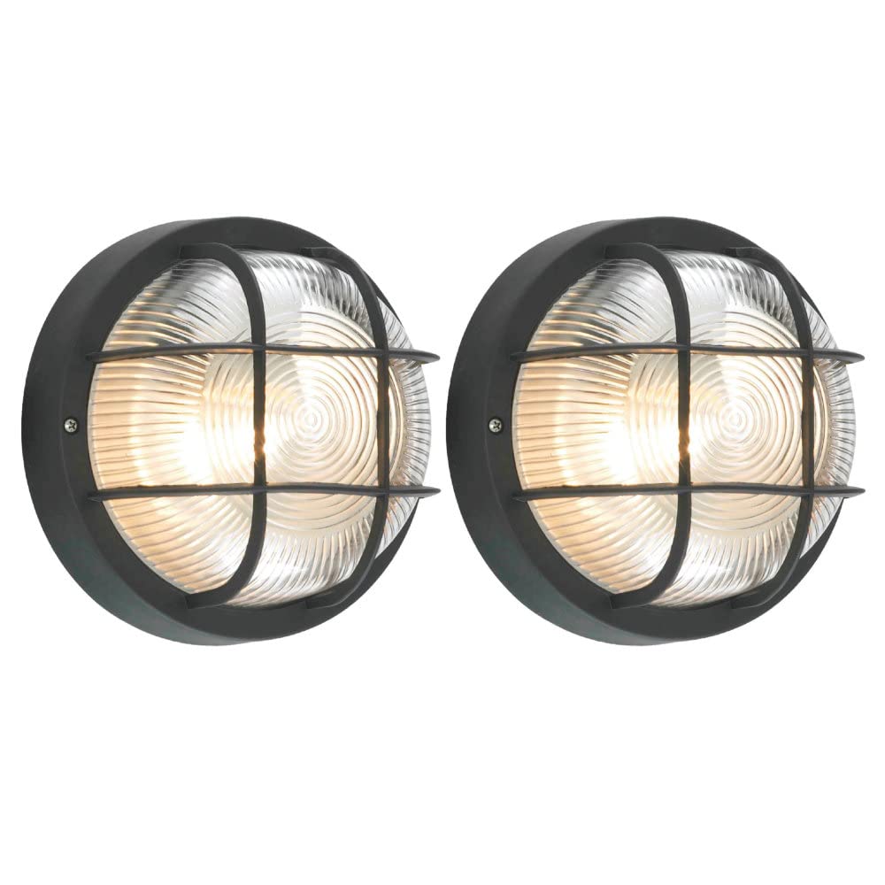 Britalia Black 2 Pack - & Ribbed Glass Outdoor Vintage Round Flush Bulkhead Wall Light | 180Mm Diameter | Ip44 Rated | 1 X Es E27 Lamp Bulb Required | Bathroom Use | Uk Approved