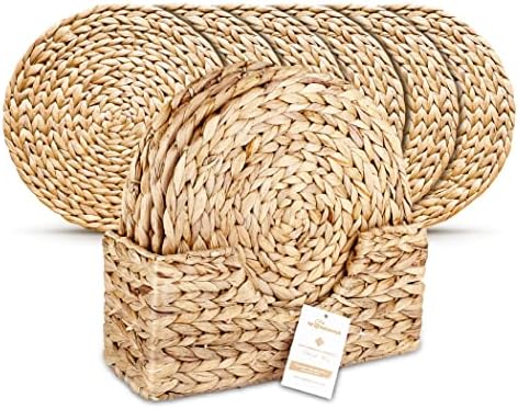 Wovanna Woven Placemats for Dining Table - Set of 6 Adorable Thick Rustic Round Kitchen Placemats with Decorative Tall Holder – All Natural Wicker Tablemats Hand-Braided from Water Hyacinth, 11.8"