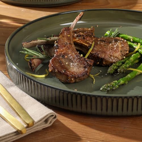 Gibson Elite 12 Piece (Service for 4) Townscape Plates and Bowls Reactive Glaze Embossed Round Dishes Terracotta Ceramic Dinnerware Set - Dark Green by Gibson Elite - Image 3