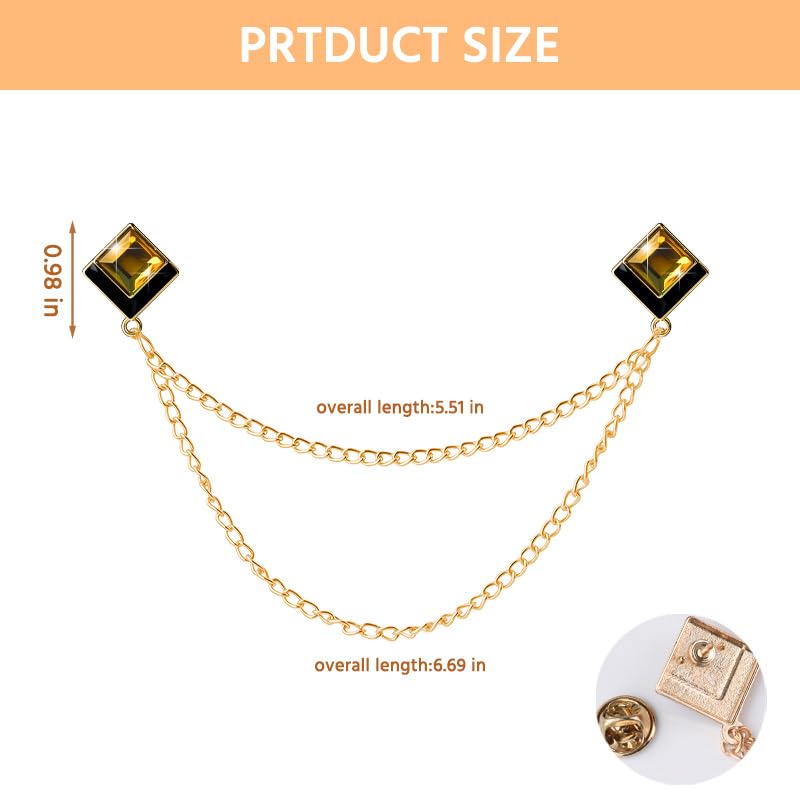 Image of Gem Brooch Pins Hanging Chain Lapel Pin for Men Suits Shirt Collar Brooch Square Crystal Brooch Pin Rhinestone Lapel Pins for Men Tassel Chain Brooch Collar Pins Business Suit Shirt Accessories