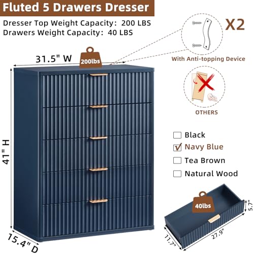 LEYAOYAO Fluted 5 Drawers Dresser for Bedroom, 41" Tall Modern Chest of Drawers with Metal Handle, Curved Profile Farmhouse Closet Organizer Wood Dressers TV Stand for Living Room, Hallway, Navy Blue