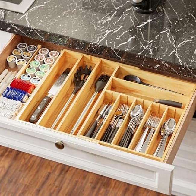 SpaceAid 2.5 High Bamboo Silverware Drawer Organizer with Labels, Kitchen Utensil Expandable Tray Holder for Flatware, Cutlery, Spoon and Knives Drawer Storage Organization (Natural)
