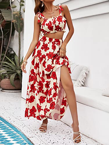Makemechic Women's 2 Piece Outfits Boho Floral Tie Shoulder Crop Top And Ruffle Maxi Skirt Set Red S #TOP3