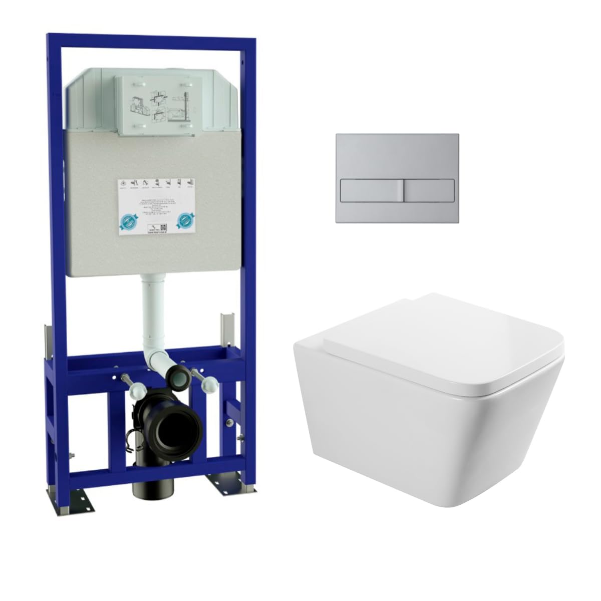 Pack Inodoro Suspendido Blanco Brillo y Cisterna Empotrada Autoportante con Pulsador Cromo | Inodoro Blanco Brillo Rimless Sin Borde de Fondo Reducido y Asiento Extrafino con Caida Amortiguada