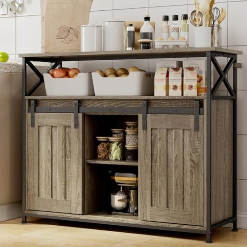 Blishom Buffet de Cuisine avec 2 Portes Coulissantes - Armoire de Rangement avec Étagères Réglables, 100 x 33 x 80 cm, pour Salon, Cuisine et Couloir, Style...