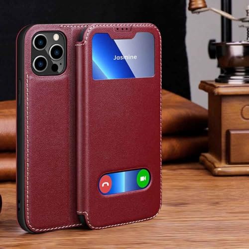 Étui en cuir rouge pour iPhone 16 Pro, coque de protection intégrale avec fenêtre iPhone XR