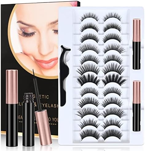 URAQT Magnetic Eyelashes with Eyeliner, 12 Pairs Natural Look False Magnetic Eyelashes with 2 Tubes Waterproof Magnetic Eyeliner, Reusable Fake Eye Lashes for Makeup Eyelashes Extension, No Glue