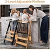 COSYLAND Foldable Toddler Standing Tower - Adjustable Height Folding Step Stool Kid Toddler Kitchen Stool for Learning and Cooking - Ages 18 Months to 6 Years with Safety Net Natural & Charcoal