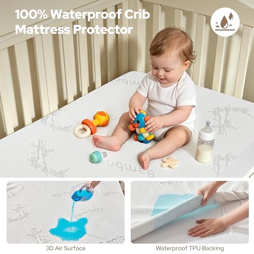 Image of BEDLORE Waterproof Crib Mattress Protector 2 Pack, Ultra Soft Bamboo Viscose Crib Mattress Pad Cover, Noiseless Toddler Mattress Protector for Standard Baby Bed Size 52''x28'', White