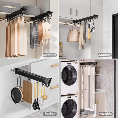 Image of DBR Kitchen Pan Pull Out Cabinet Organizer, Double Row Hanging Rack, Storage with 12+ Hooks, Black