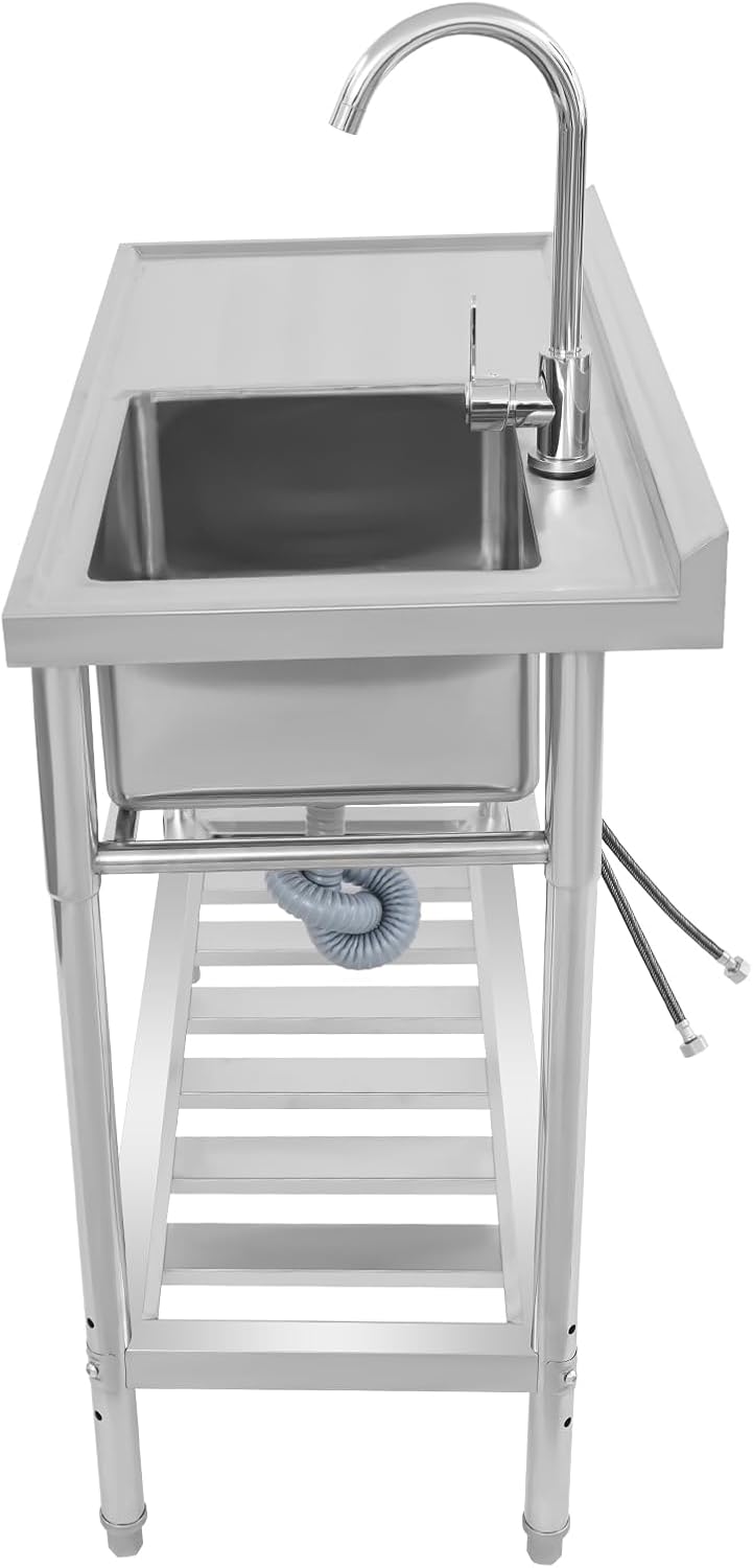 Freestanding Kitchen Sink with Storage, 39 Inch 304 Stainless Steel Utility Sink with Drawer & Faucet, 661 lbs Capacity Single Bowl Sink for Laundry Room Garage Basement (Left-hand drawer)