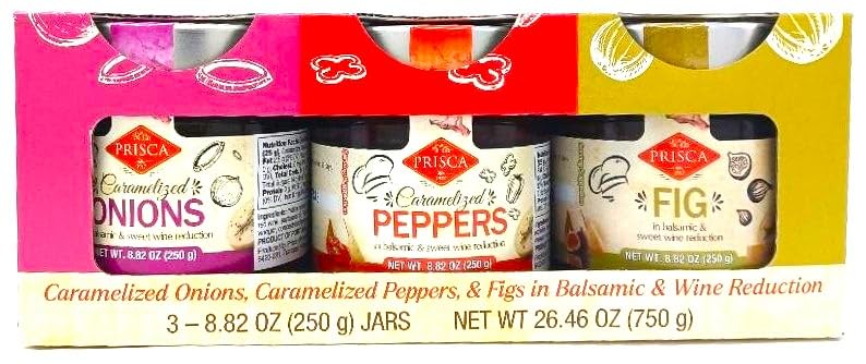 Prisca Gourmet Garnish Assortment. Caramelized Onions. Caramelized Peppers. Figs in Balsamic & Wine Reduction. 8.82 oz per jar. Pack of 3.