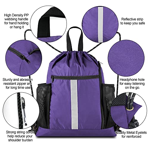 Image of BeeGreen Purple String Bag Sack Gym Backpack with Shoe Compartment and Two Water Bottle Holder for Men Women Lightweight Durable Drawstring Cinch Sackpack