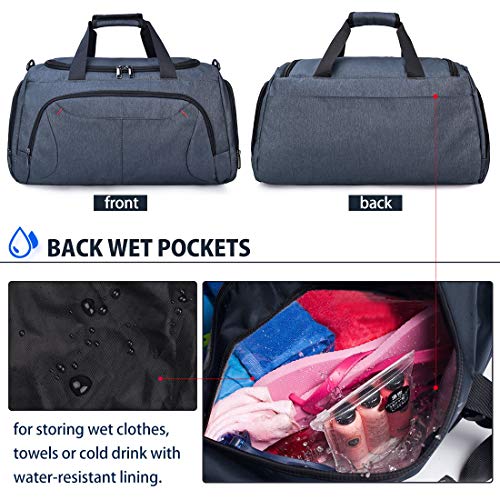 Gym Duffle Bag Waterproof Large Sports Bags Travel Duffel Bags with Shoes Compartment Weekender Overnight Bag Men Women 40L Grey Blue