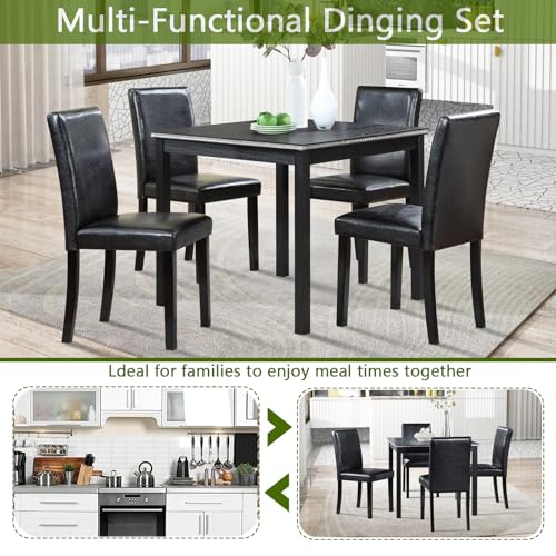 Image of KEIKI 5-Piece Standard Height Dining Table Set with Square Table and 4 Upholstered Chair, for 4 Person, Classic Crystal Decoration Wood Table Set, Easy Assembly, for Kitchen, Dining Room, Black