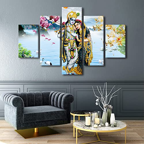 Tableau Krishna sur toile 5 panneaux art mural hindou déco grand format
