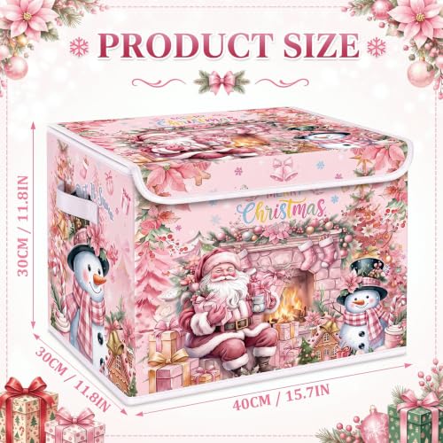 Image of Briwooody Pink Christmas Storage Bin with Lid and Carrying Handle Pink Santa Claus Foldable Storage Box Large Snowman Collapsible Container Basket for Organizing Closet Home Bedroom Xmas Gift