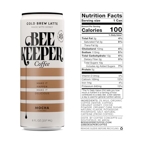 Image of Beekeeper Mocha Latte Cold Brew Coffee Drinks with Oregon Honey | 12 Pack Refreshing Iced Coffee - Unsweetened & Strong Arabica Brew, 8 fl oz Ready-to-Drink Can - 180mg Natural Caffeine