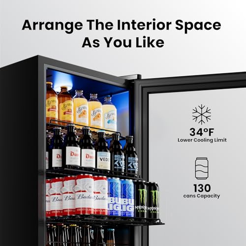 Image of Yeego Beverage Refrigerator Cooler, 130 Cans Mini Fridge with Glass Door Beverage Fridge with Adjustable shelves for Soda Beer or Wine,Beverage Cooler with Digital Temperature Control for Home Office