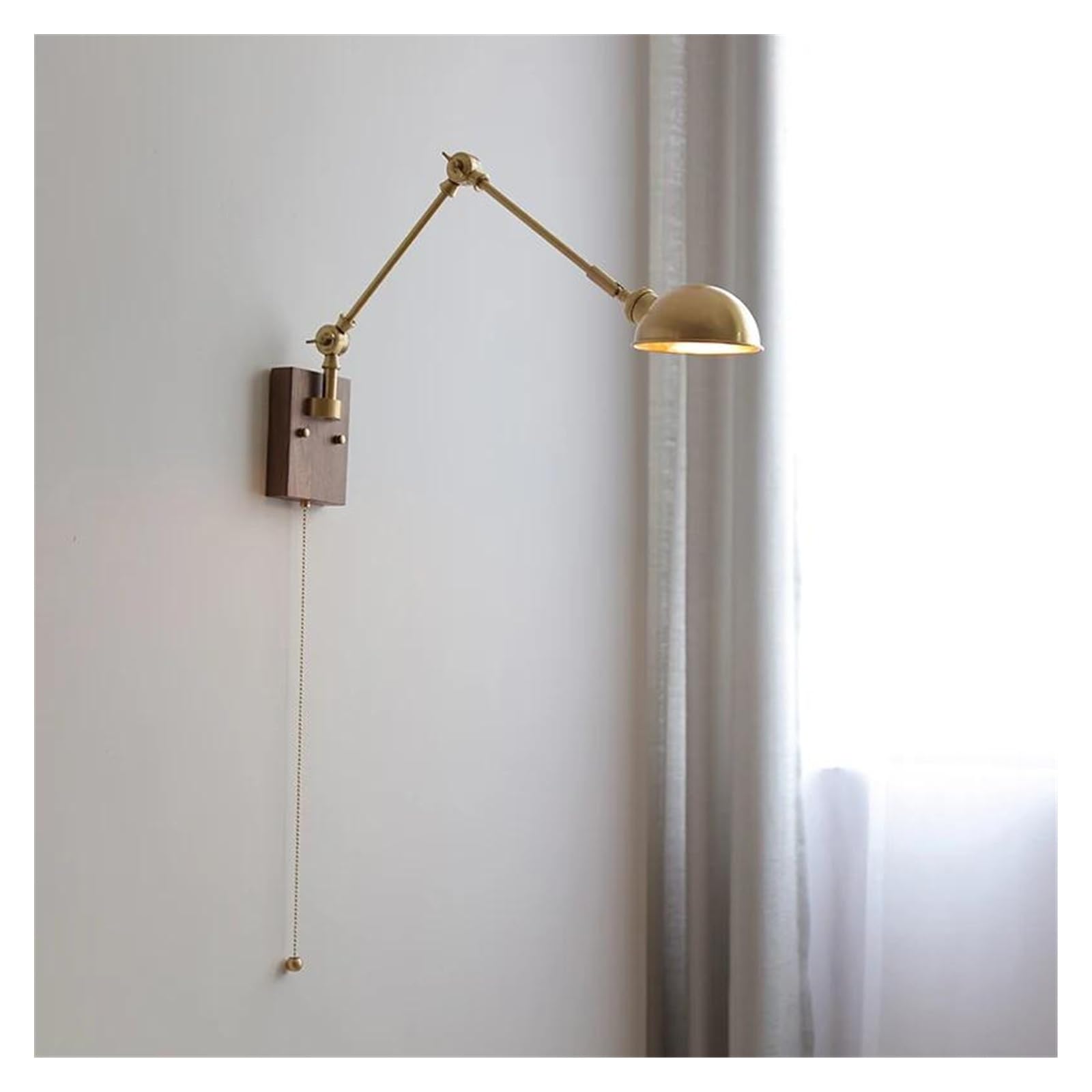 ZTCHSENZT Wall Sconces, Pull Chain Switch LED Wall Light Fixtures Copper Long Arm Walnut Home Indoor Lighting Nordic Modern Wandlamp Luminaria,B
