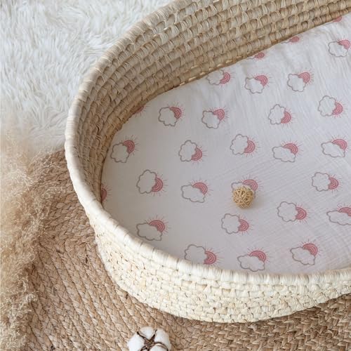 Image of Muslin Bassinet Fitted Sheets 2 Pack, Soft Breathable Cotton Baby Bassinet Mattress Sheet Set, 360 Elastic Snug Fit, Universal for Oval, Rectangle (Pink Cloud, Bassinet Sheets 2 Pack)
