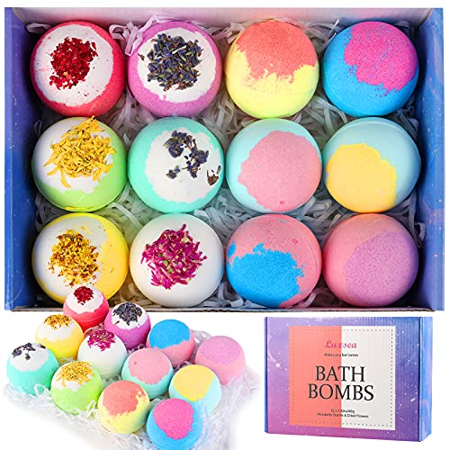 Christmas Bath Bombs Set Gifts for Women 12Pcs Floral Bubble Bath Bombs Organic Bath Bombs with Extract Essential Oil & Deep Sea Salt Handmade Dried Flower Fizzy Bath Bombs for Girls, Kids